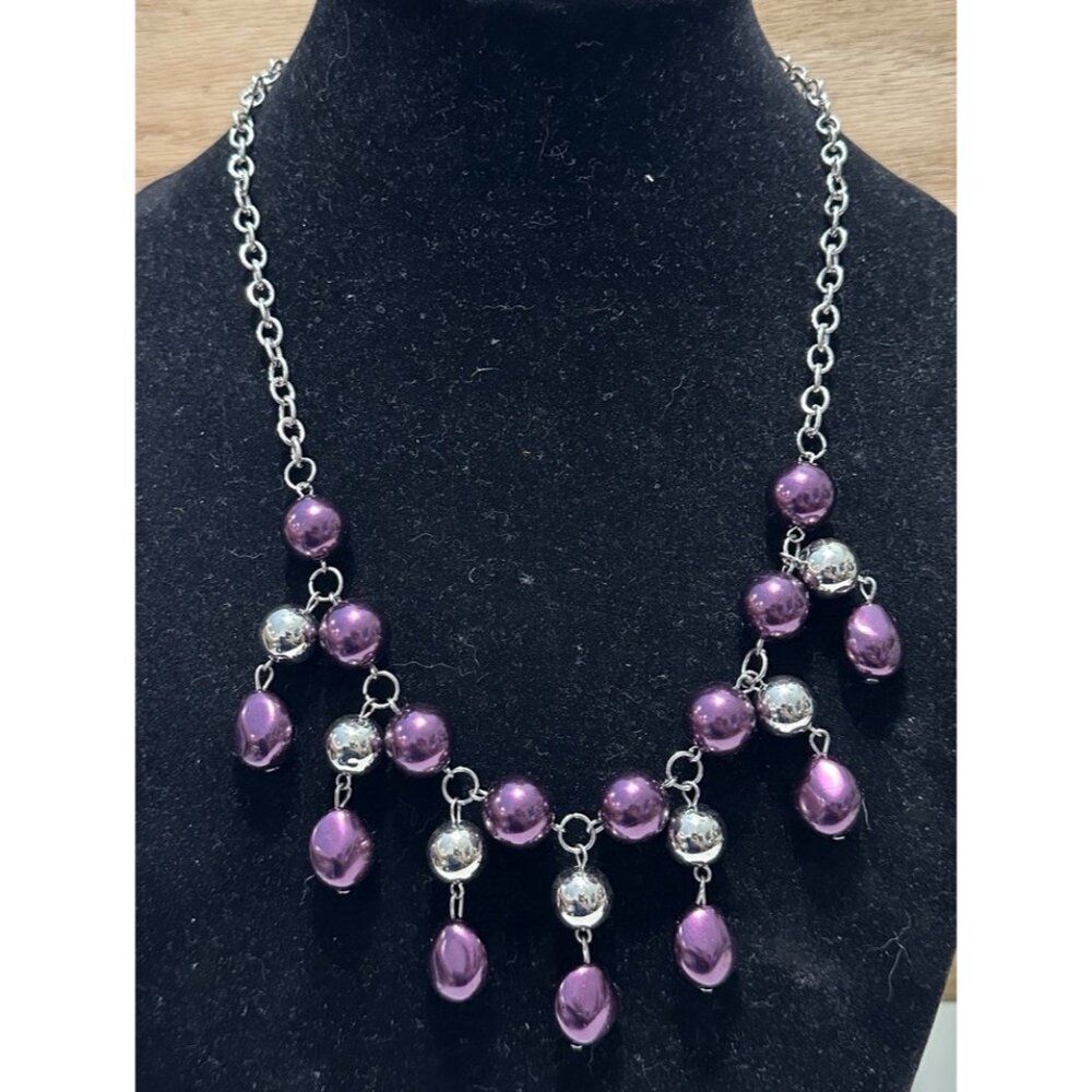 Silver Tone Purple Ball Beaded Dangle Necklace Statement 19-22”